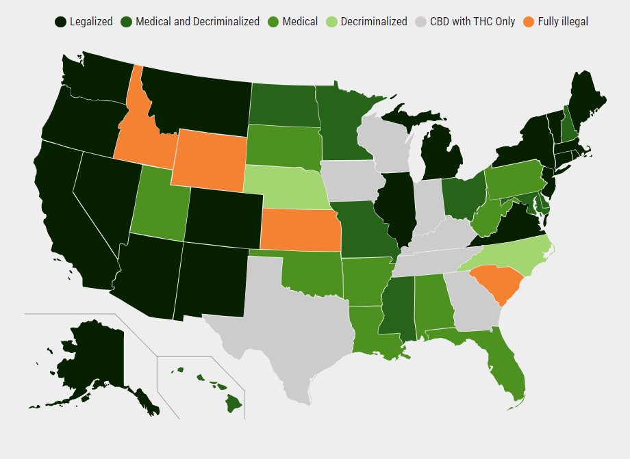 US Map noting various levels of cannabis legalization colored by state