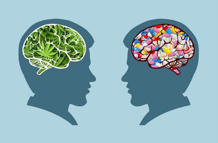 Silhouette of two people highlighting brains with cannabis and medication overlays