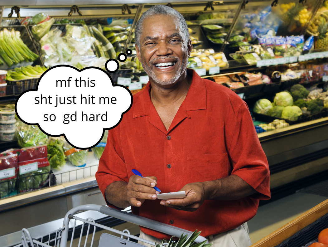 meme of man high on cannabis at grocery store