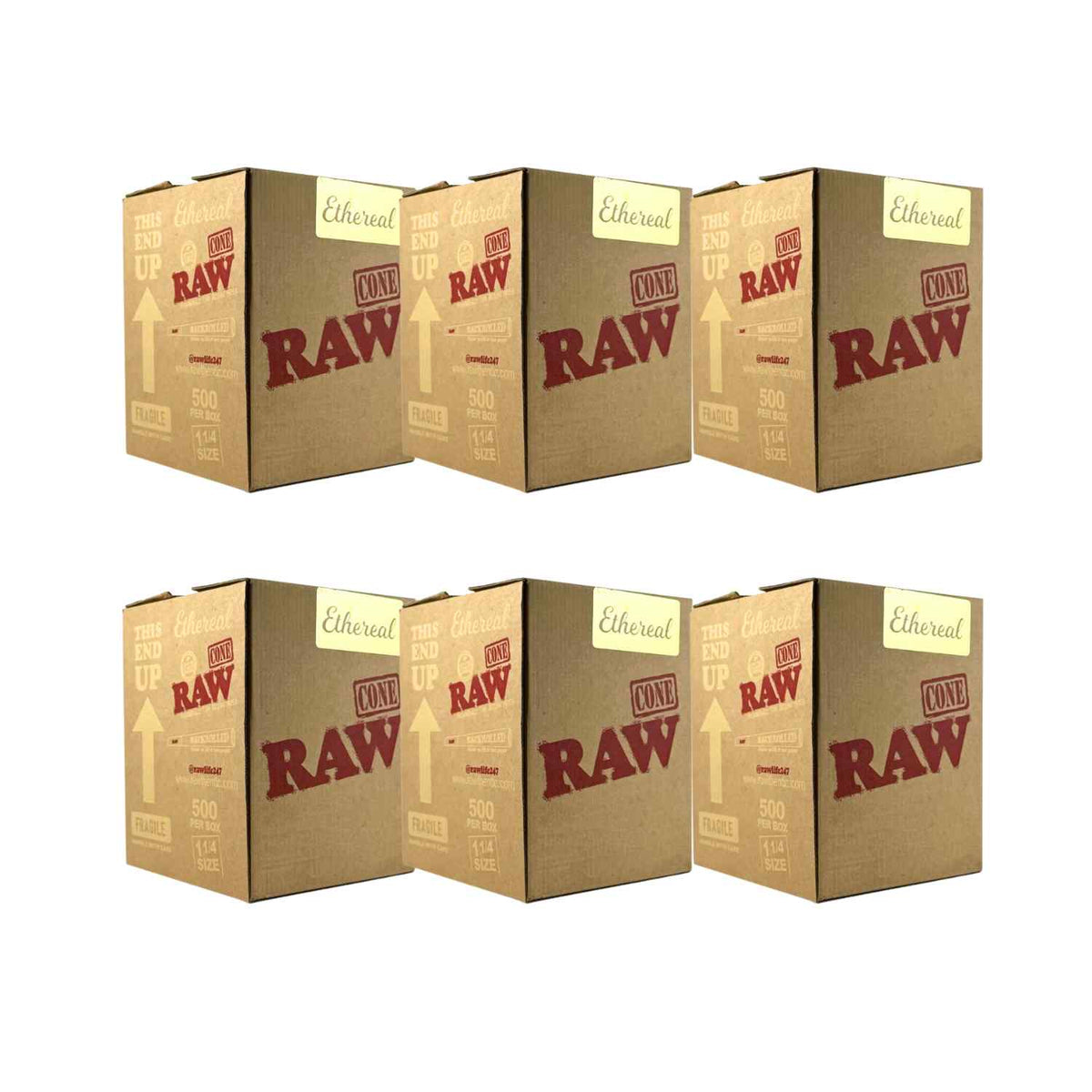 Six boxes of RAW Ethereal Cones 500 count on a white background