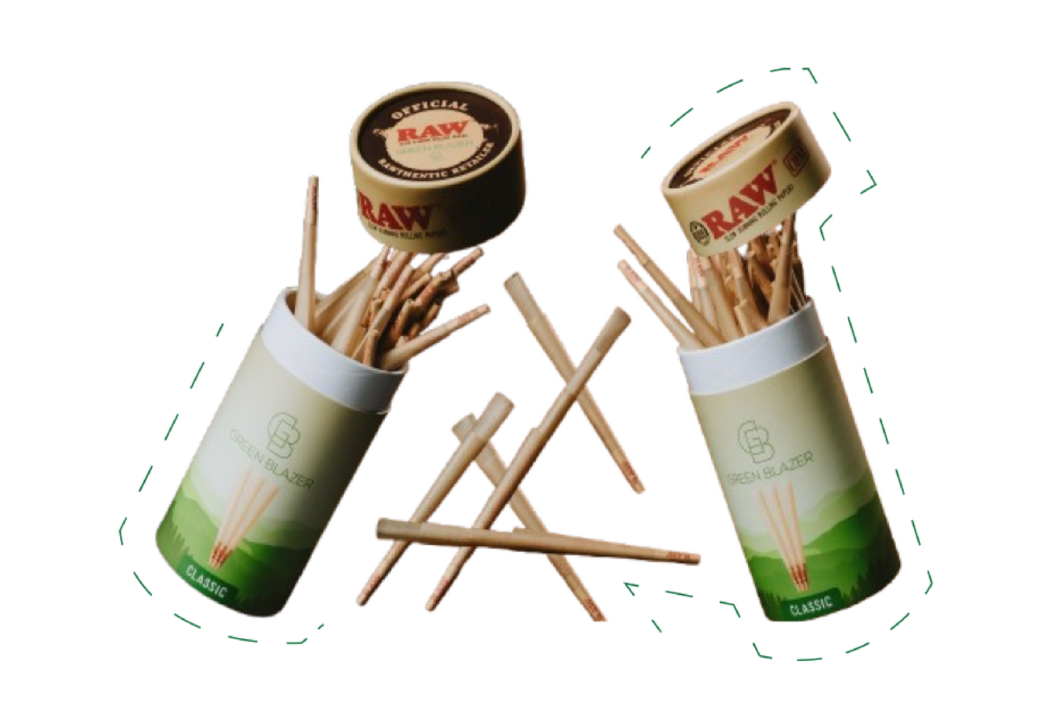 Two full containers of RAW Classic cones with pre-rolled cones spilling out.