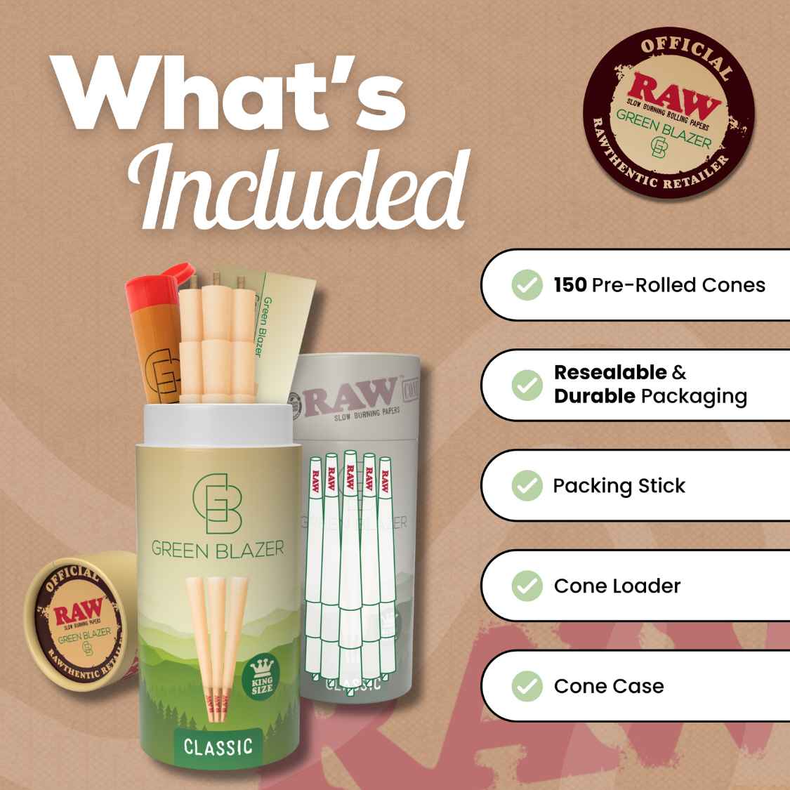 RAW cones king size 150 pack rolling kit infographic