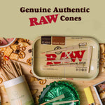 RAW pre rolled cones on a RAW rolling tray on a wooden surface