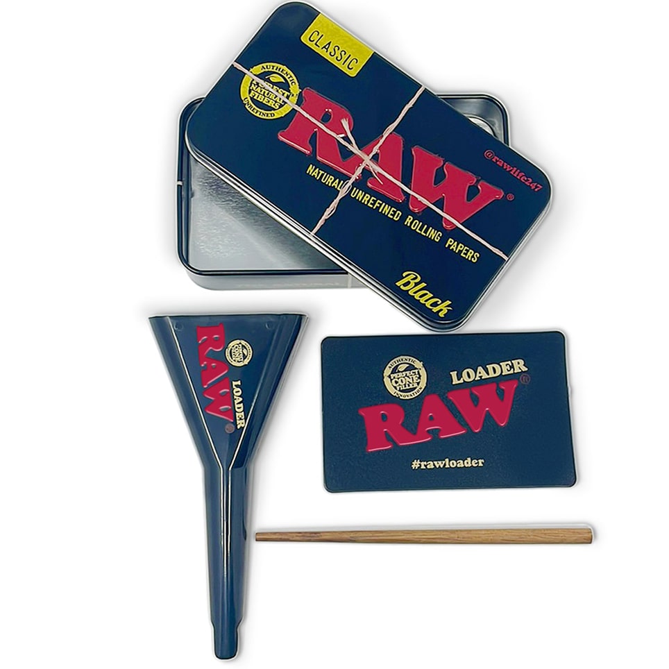RAW Pre Rolled Cone Loader with tin, scoop card, and packing stick