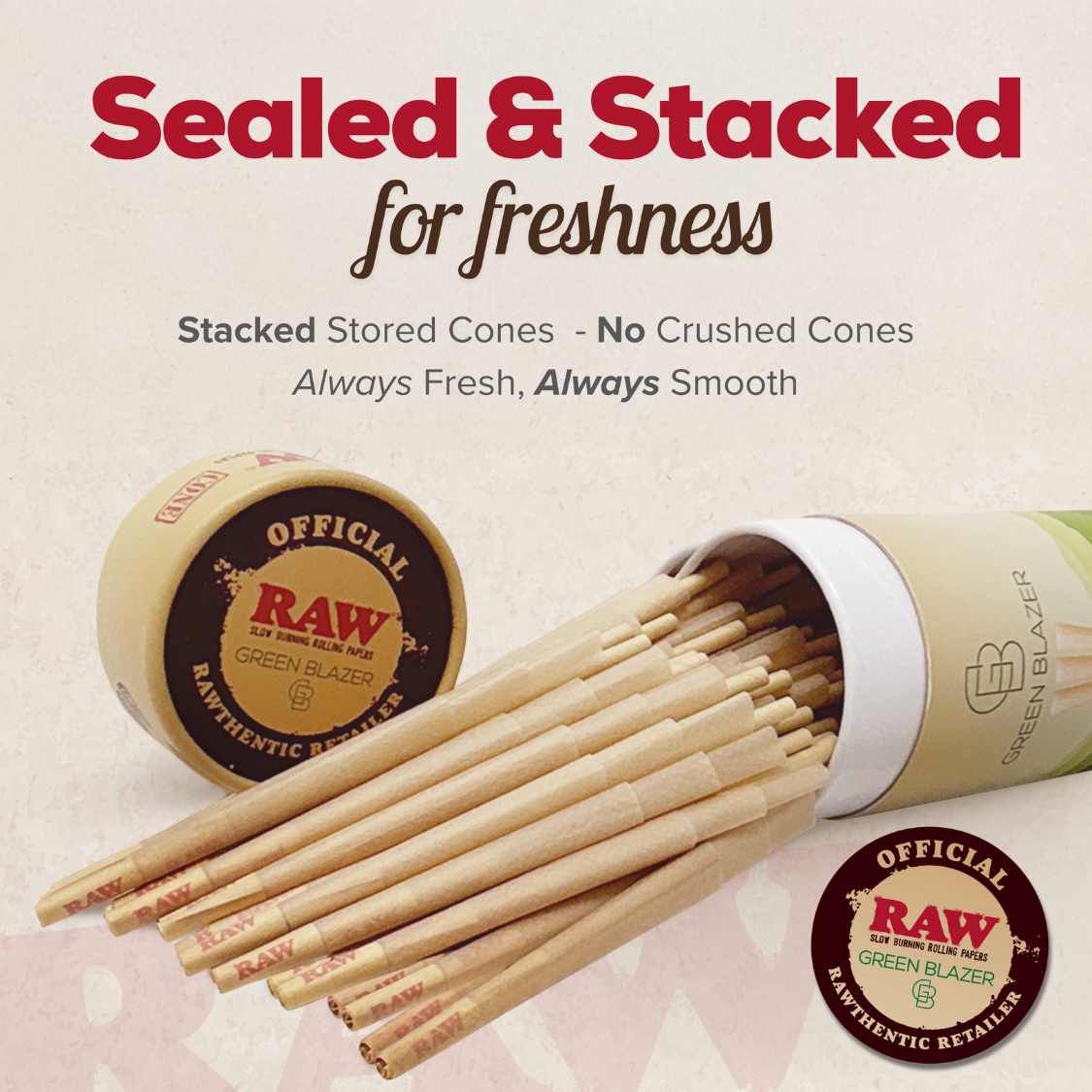 RAW pre rolled cones stacked together with promotional text on a light background