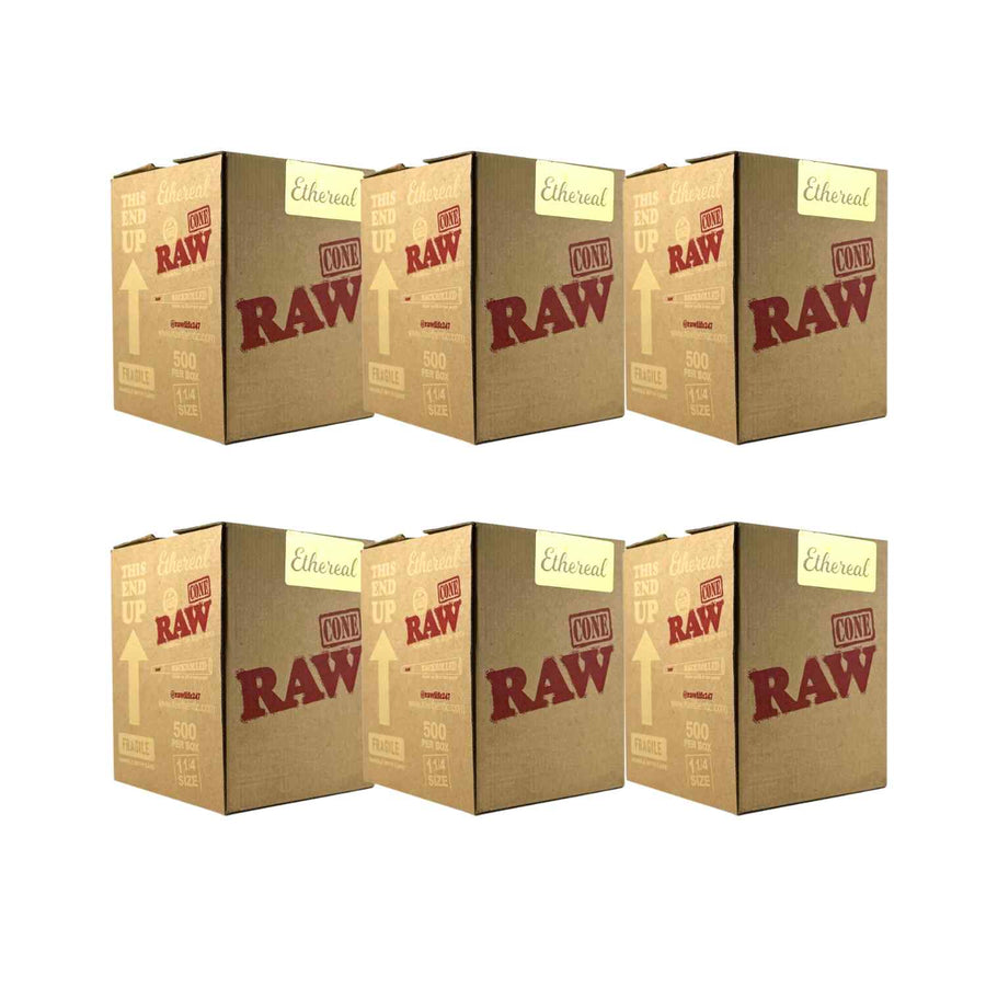 Six boxes of RAW Ethereal Cones 500 count on a white background