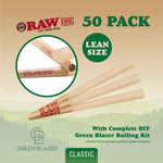 RAW Cone 50 pack lean size pre-rolled cones, a close-up of the RAW branded filter tip, and kit inclusions.