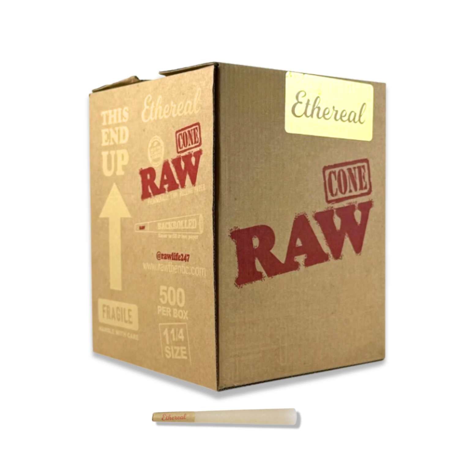 Box of Raw Ethereal pre rolled cones  on a white background