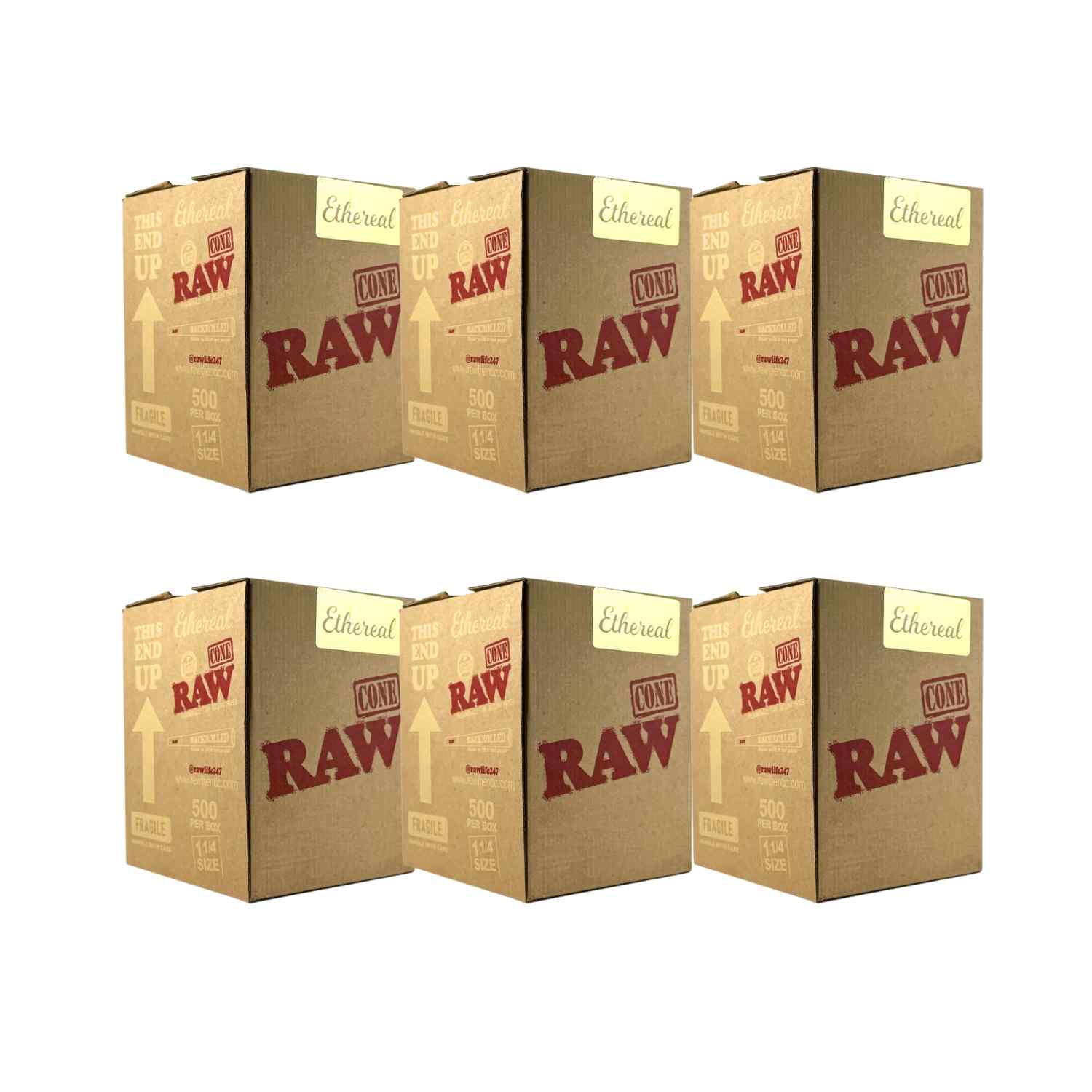 Six boxes of RAW Ethereal Cones 500 count on a white background