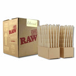 500 count Box of Raw Ethereal cones with a display stand on a white background