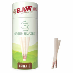 RAW Organic Cone 1¼ size packaging by Green Blazer and two pre rolled cones shown separately.