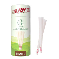 RAW Organic Cone King Size packaging by Green Blazer and two pre rolled cones shown separately