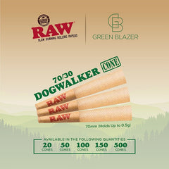 RAW dogwalker cone 50 pack with 70/30 size, shown with three cones and a close-up. Includes Green Blazer DIY rolling kit quantity details.