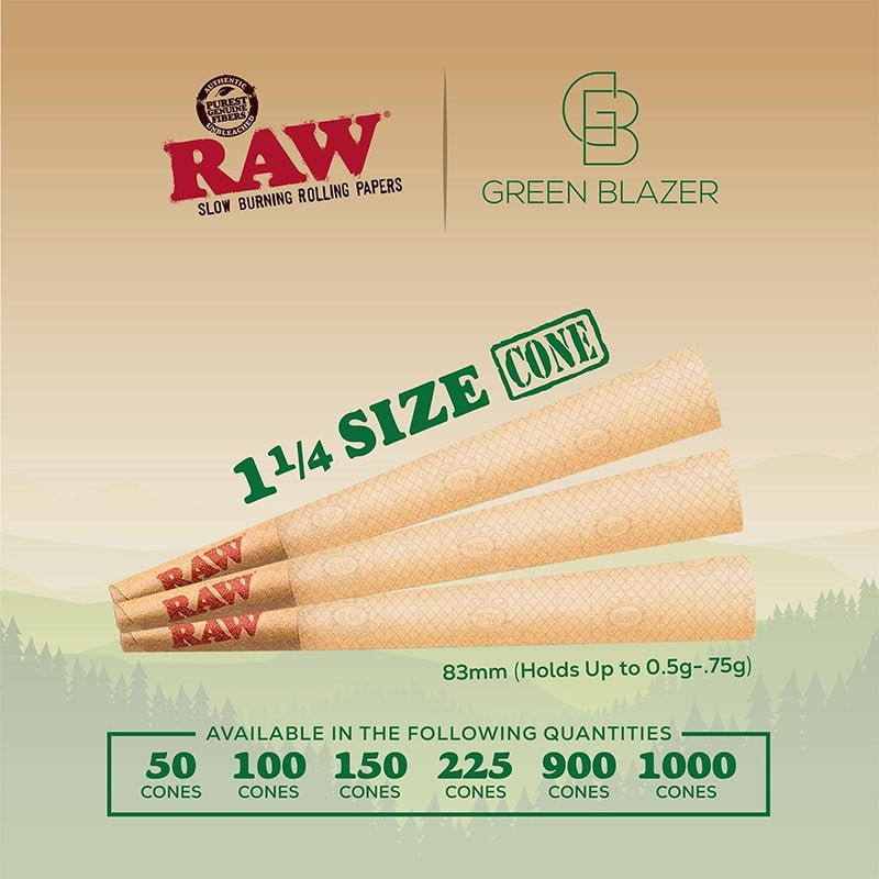 RAW Cones Classic 1 1/4 Size, 83mm, 3.3 in. long – Green Blazer