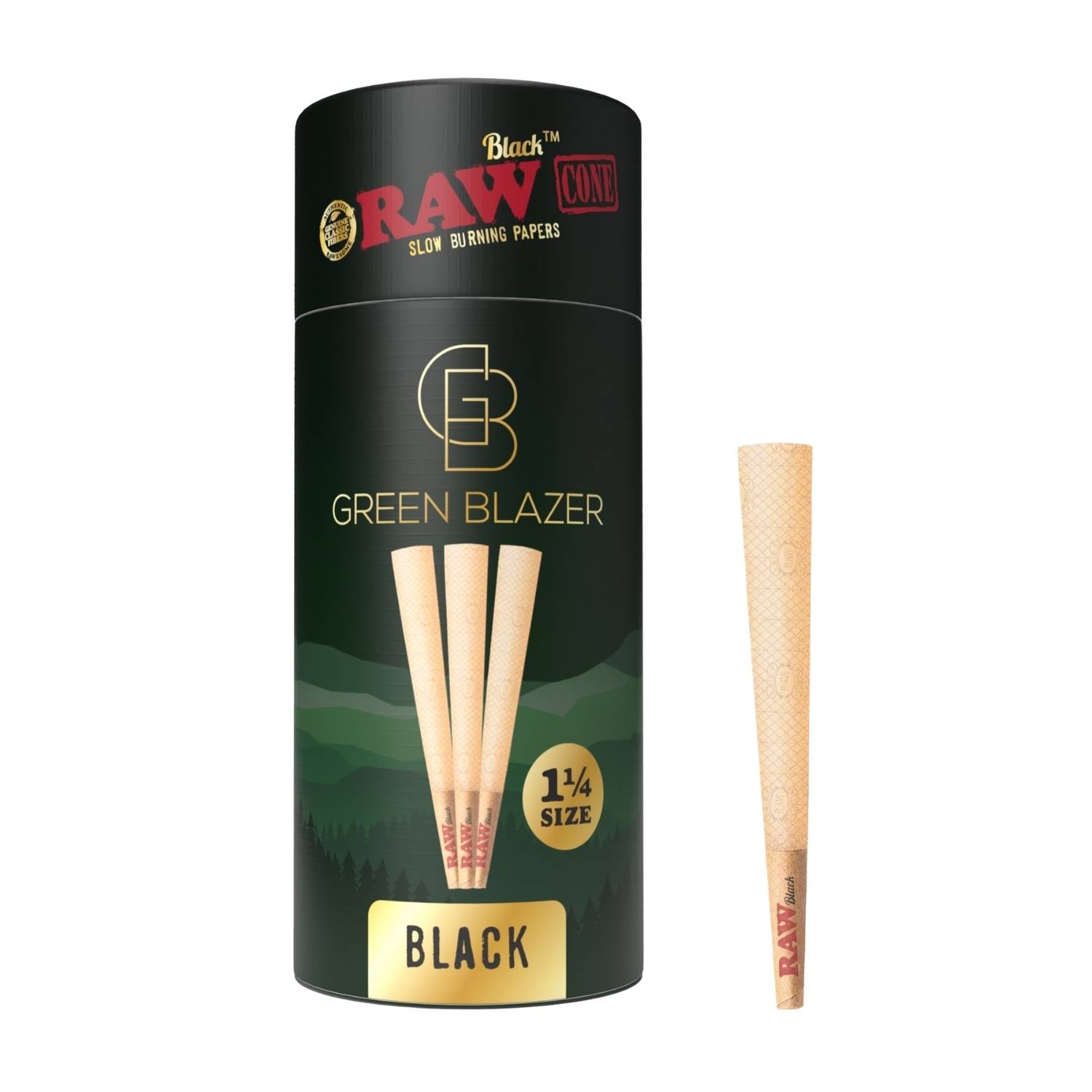 RAW Black Cone 1¼ size packaging by Green Blazer and a single preroll cone shown separately.