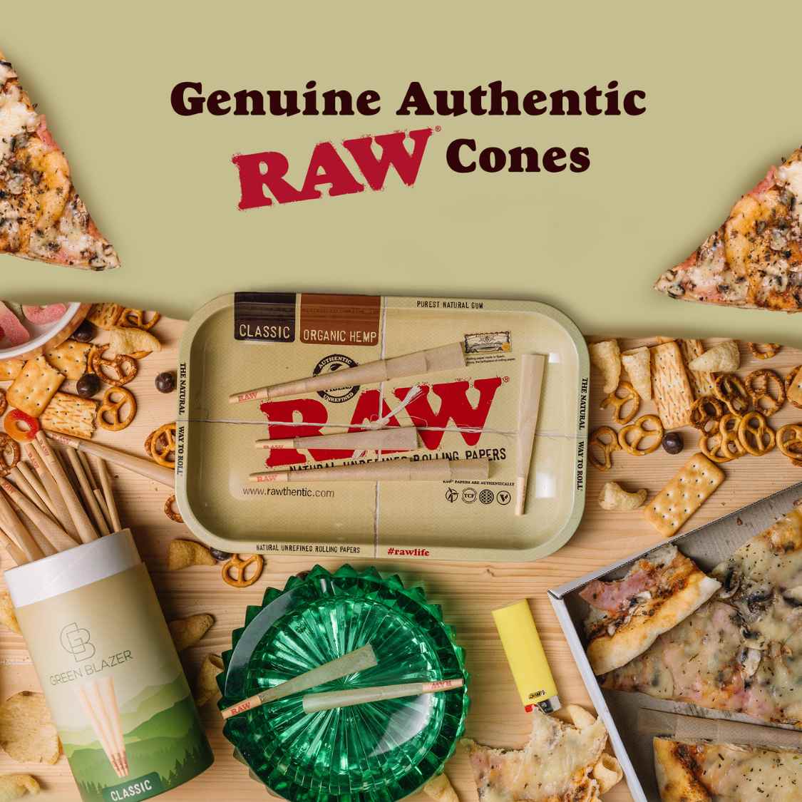 RAW rolling tray with an open pre roll cones container surrounded by pizza, snacks, an ashtray, and a lighter. "Genuine Authentic RAW Cones" above.