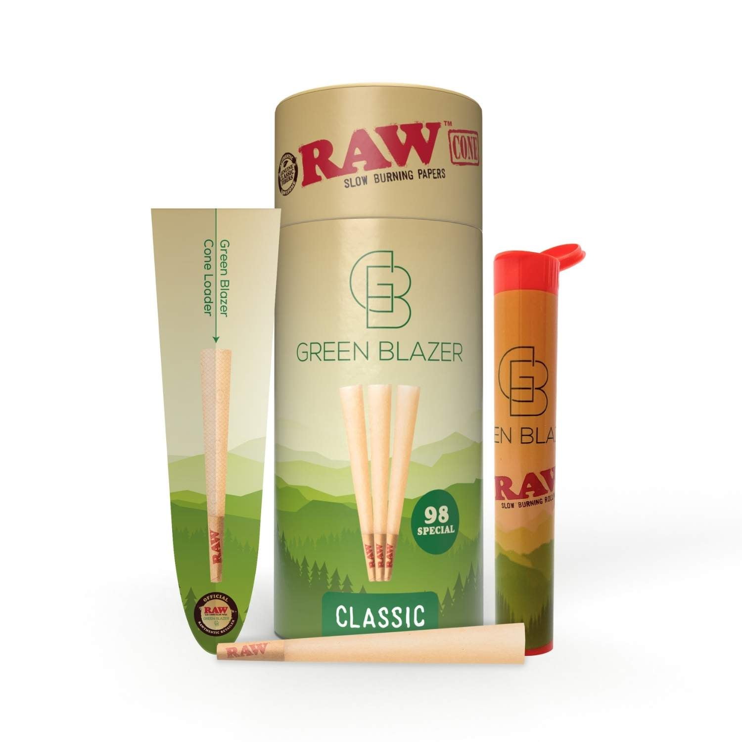 RAW Classic 98 Special small cylinder, a storage tube, pre roll cone, and a cone loader