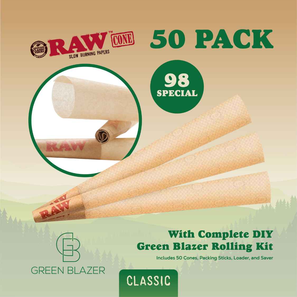 RAW Cone 50 pack with 98 Special size pre-rolled cones, a close-up of the RAW-branded filter tip, and kit inclusions.