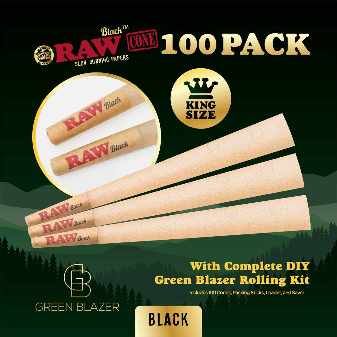 RAW Black King Size Cones