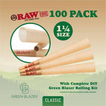 RAW Cone 100 pack 1 1/4 size shown with three cones and a zoom in of the filter tips. Includes Green Blazer DIY rolling kit details.