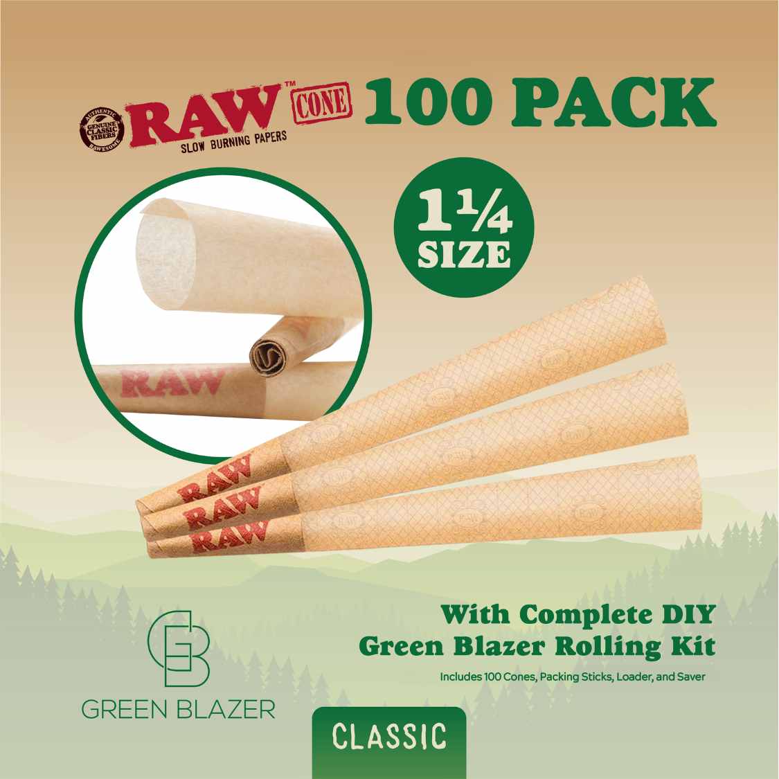 RAW Cone 100 pack 1 1/4 size shown with three cones and a zoom in of the filter tips. Includes Green Blazer DIY rolling kit details.