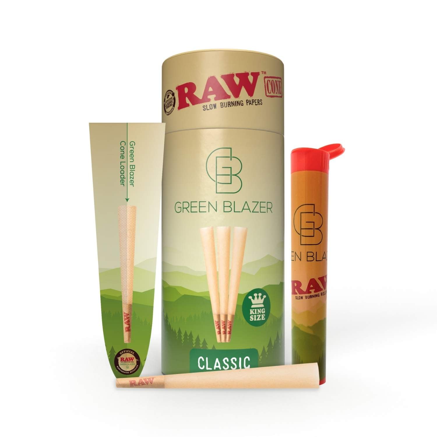 RAW Classic King Size eco friendly packaging, storage tube, preroll cone, and cone loader