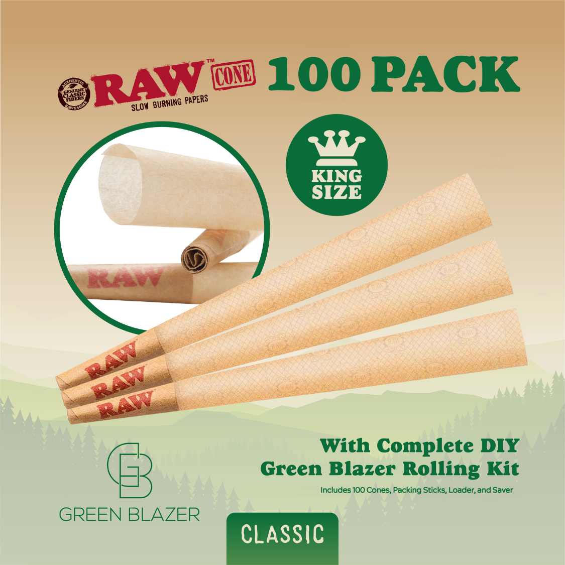 RAW Cone 100 pack king size, shown with three cones and a zoom in of the filtered tips. Includes Green Blazer DIY rolling kit details.