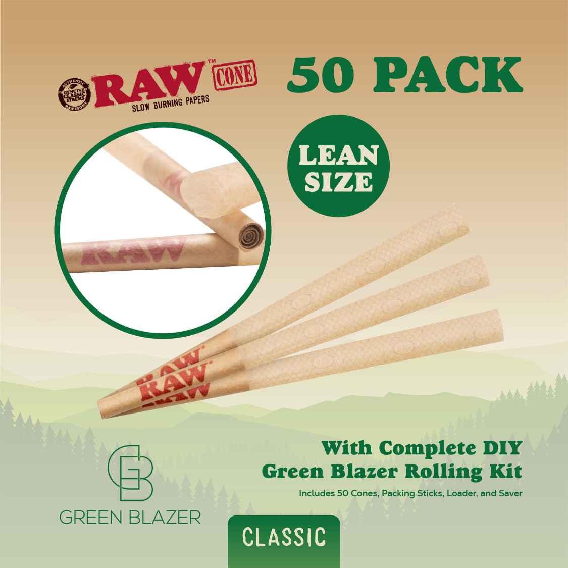 RAW Cone 50 pack lean size pre-rolled cones, a close-up of the RAW branded filter tip, and kit inclusions.