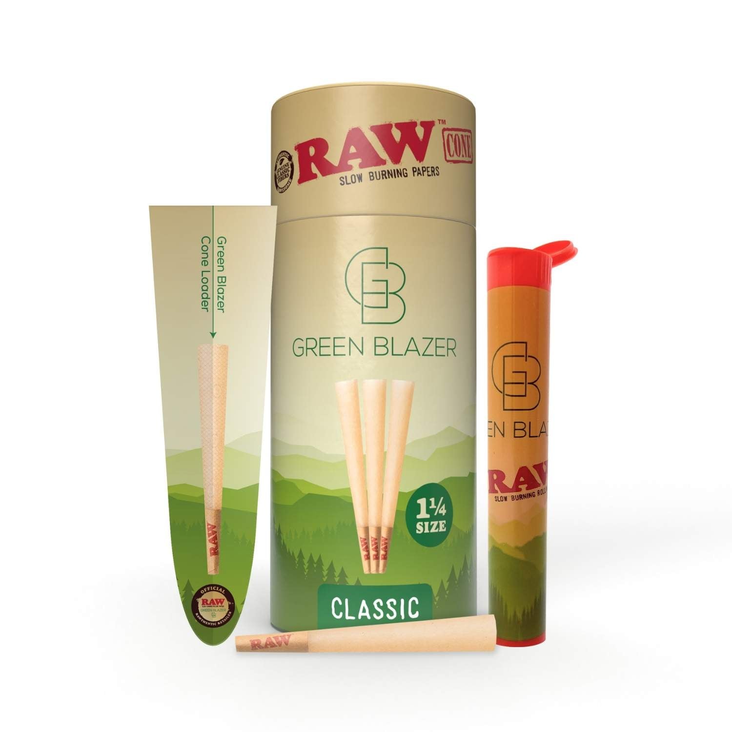 RAW Classic Cones 1 1/4 size 50 Pack cylinder, green blazer storage tube, cone loader, and classic 1 1/4 size pre rolled cone 