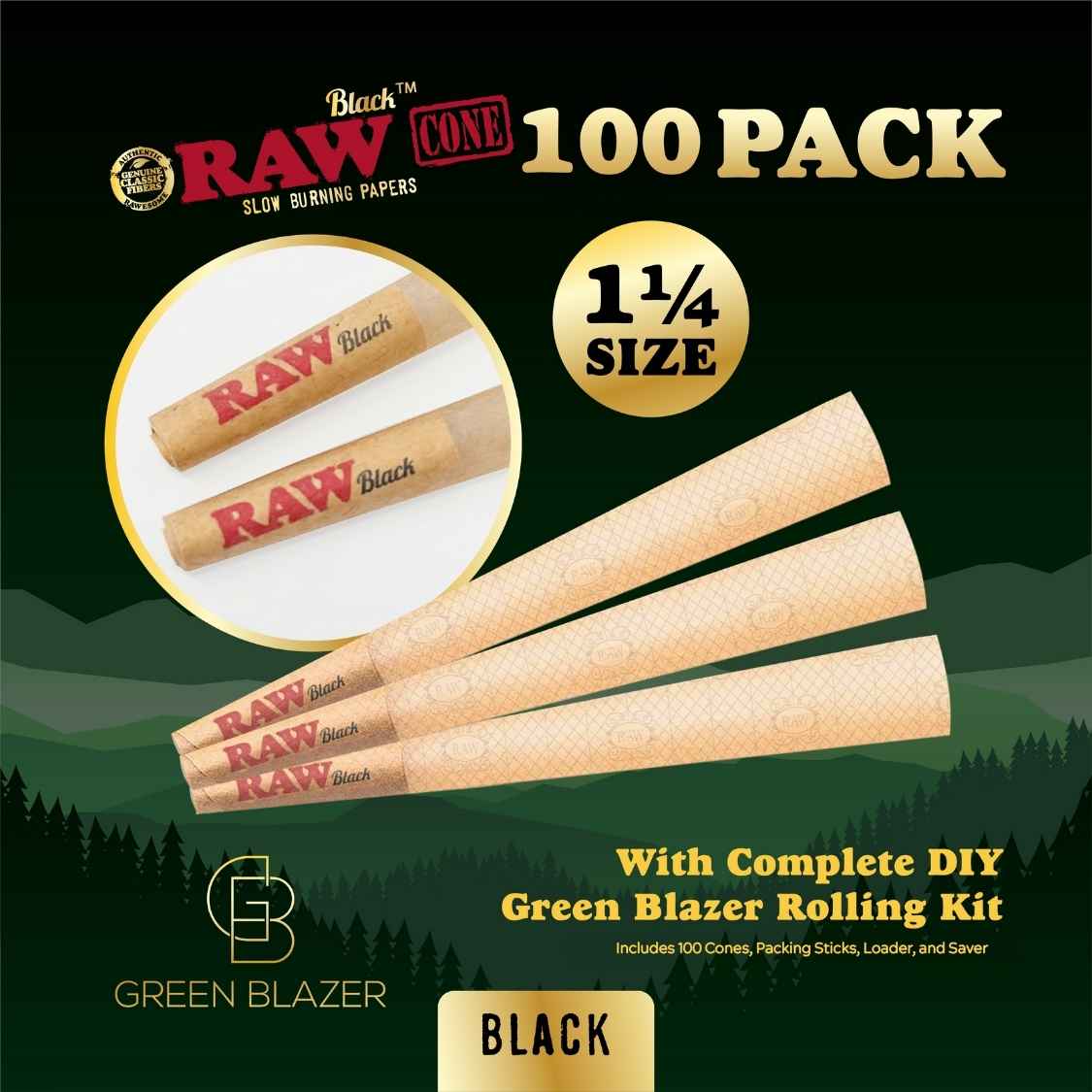 RAW Black Cone 150-pack with 1¼ size cones, a close-up of RAW Black filters, and DIY rolling kit details.