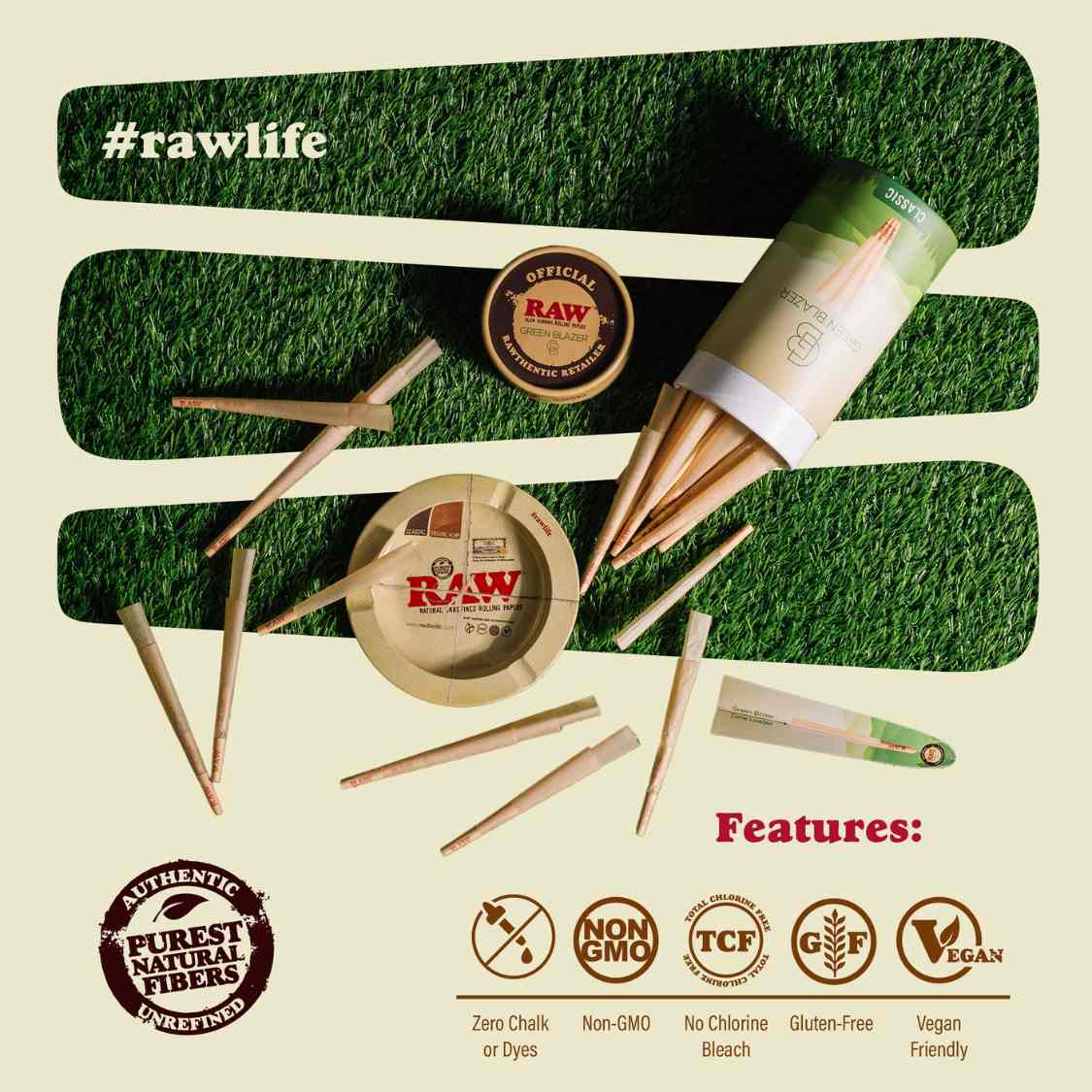 RAW pre rolled cones and a rolling tray arranged on a stylized grass design, with #rawlife above and eco-friendly feature icons below