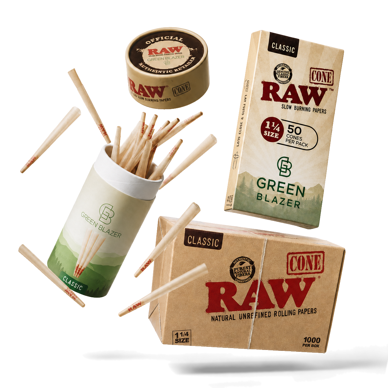 RAW Classic cone box, Green Blazer cone pack and tube, with loose pre-rolled cones