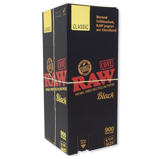 RAW Cones Black 1 1/4 Size 900 count bulk box