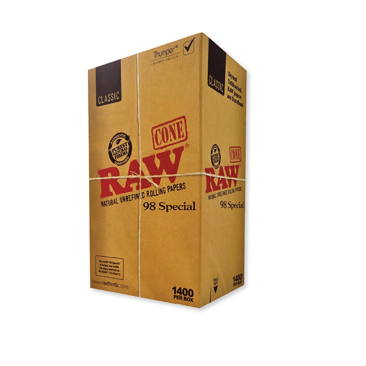 box of classic raw cones 98 special 1400 count pre rolled cones 